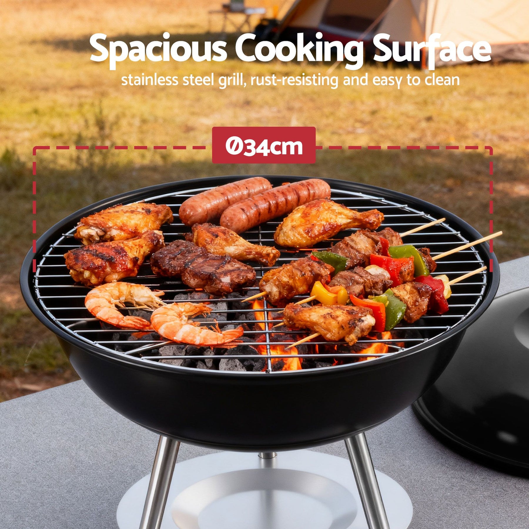 Grillz Portable Charcoal BBQ Grill – Black 34cm, Stainless Steel Grate with Lid