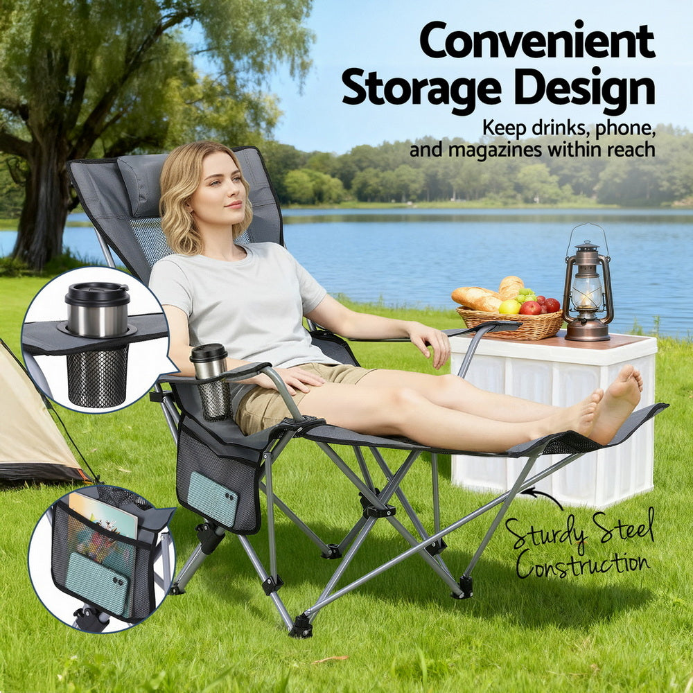 Weisshorn Grey Adjustable Reclining Camping Chair with Footrest Portable Folding