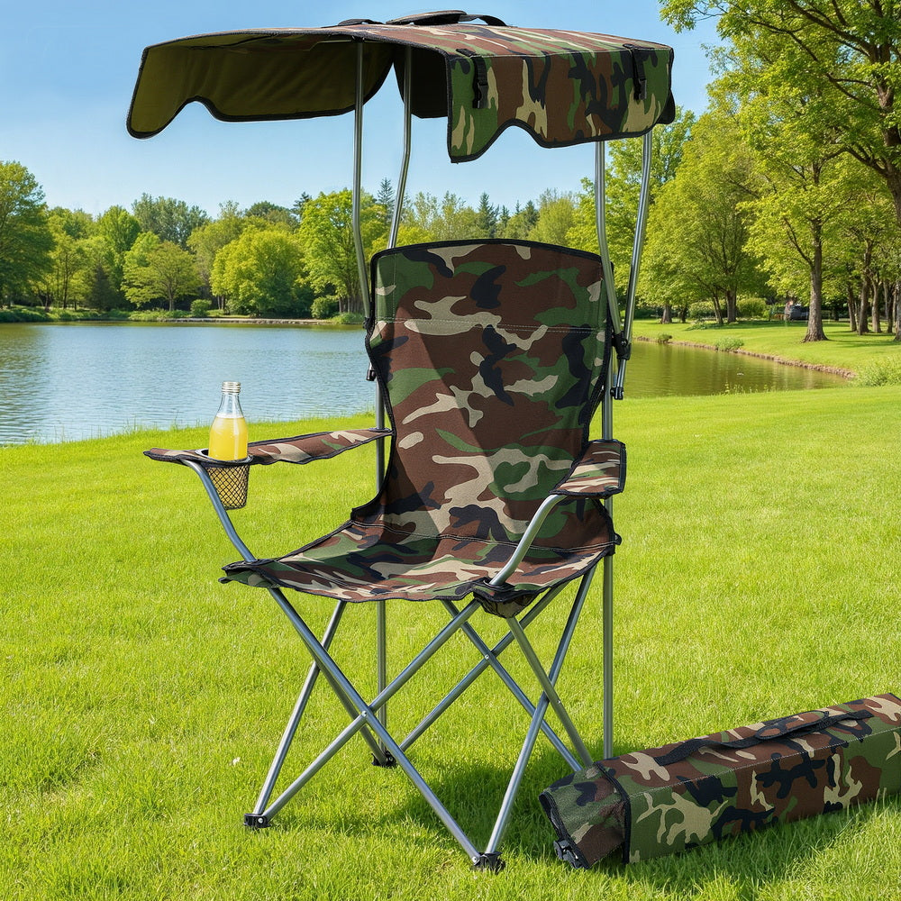 Weisshorn Army Green Camping Chair with Canopy Folding Outdoor Seat 120kg Capacity