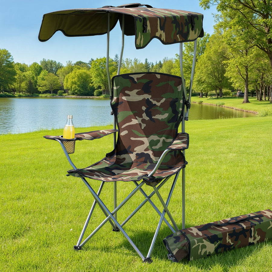 Weisshorn Army Green Camping Chair with Canopy Folding Outdoor Seat 120kg Capacity