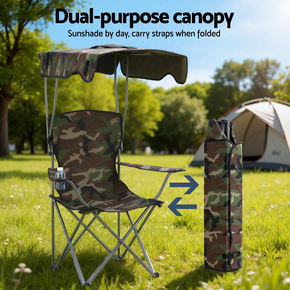Weisshorn Army Green Camping Chair with Canopy Folding Outdoor Seat 120kg Capacity