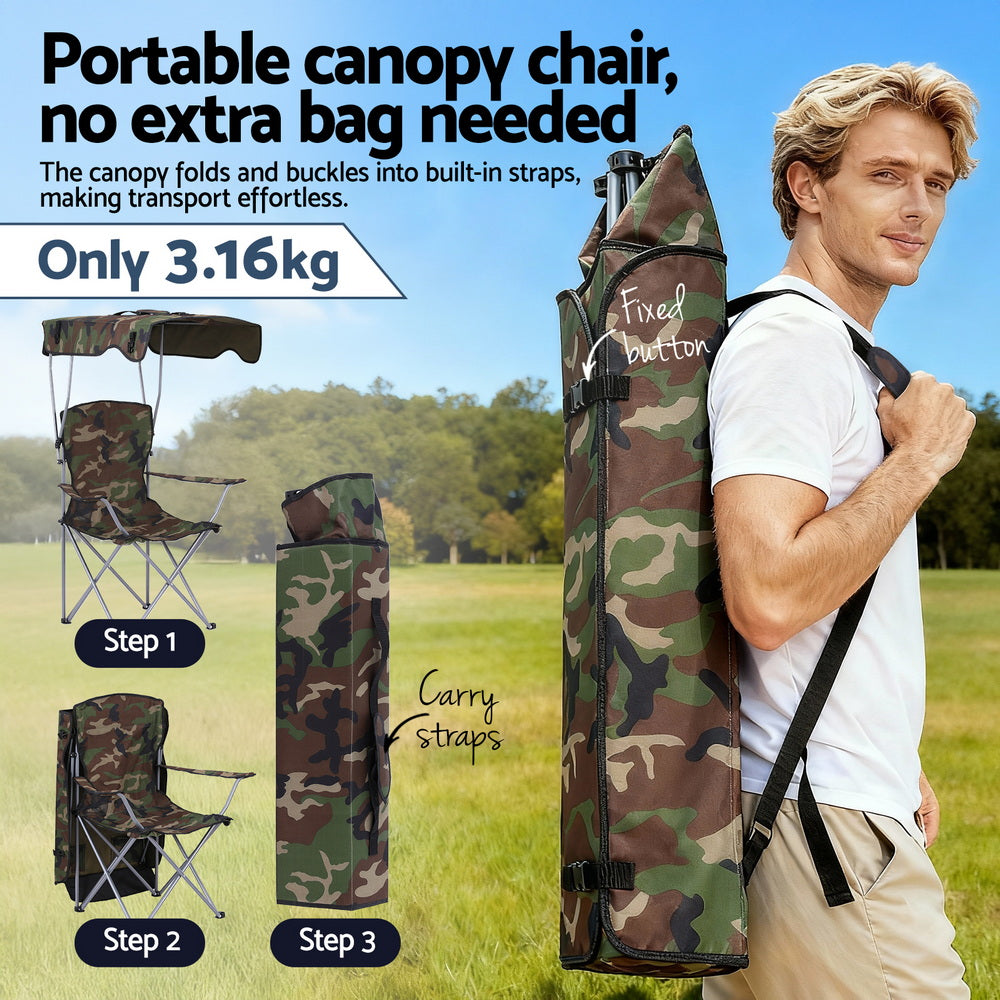 Weisshorn Army Green Camping Chair with Canopy Folding Outdoor Seat 120kg Capacity