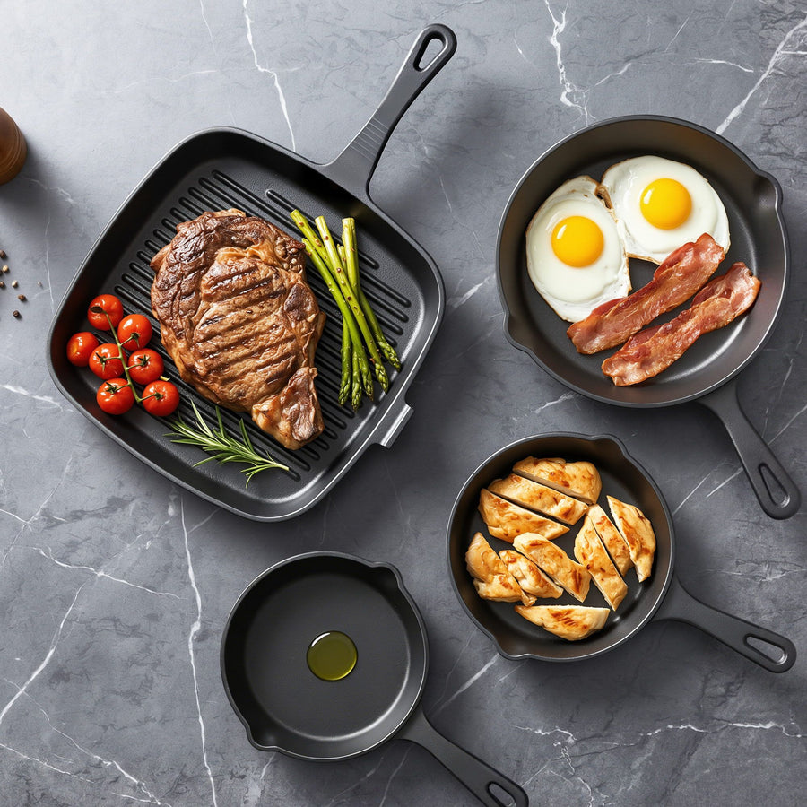 5-Star Chef 4 Piece Cast Iron Fry Pan Skillet Set – Black, Induction & Campfire Safe