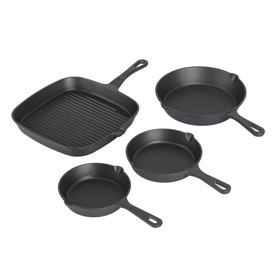 5-Star Chef 4 Piece Cast Iron Fry Pan Skillet Set – Black, Induction & Campfire Safe