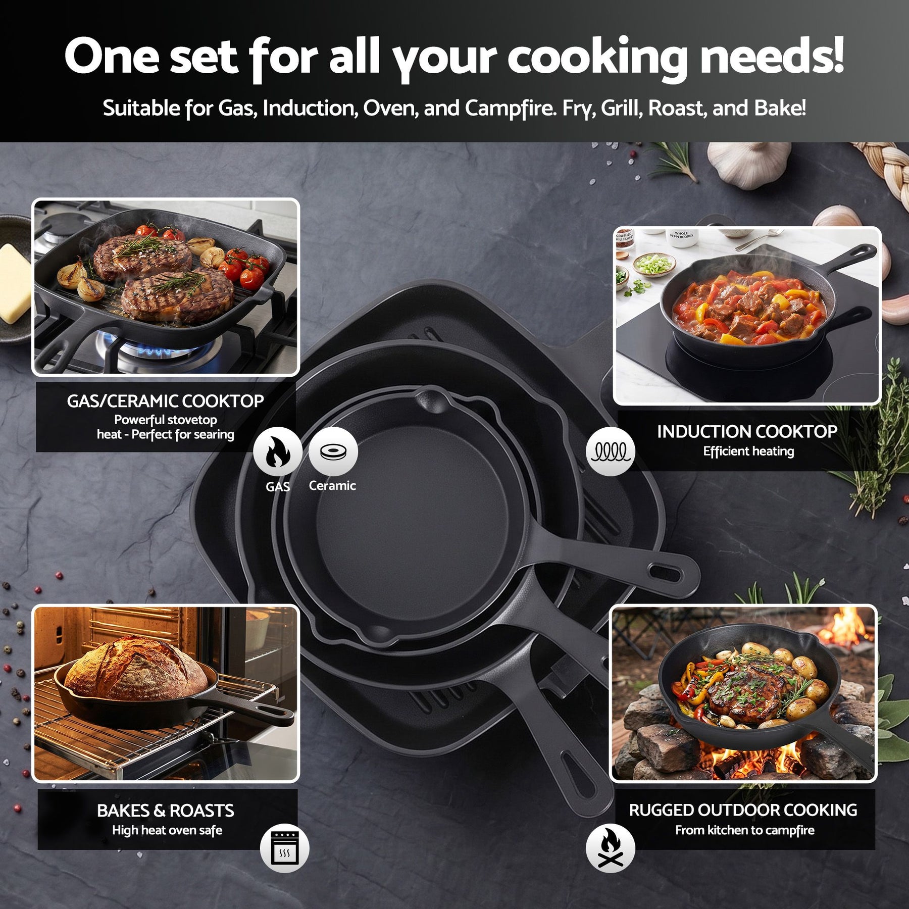 5-Star Chef 4 Piece Cast Iron Fry Pan Skillet Set – Black, Induction & Campfire Safe