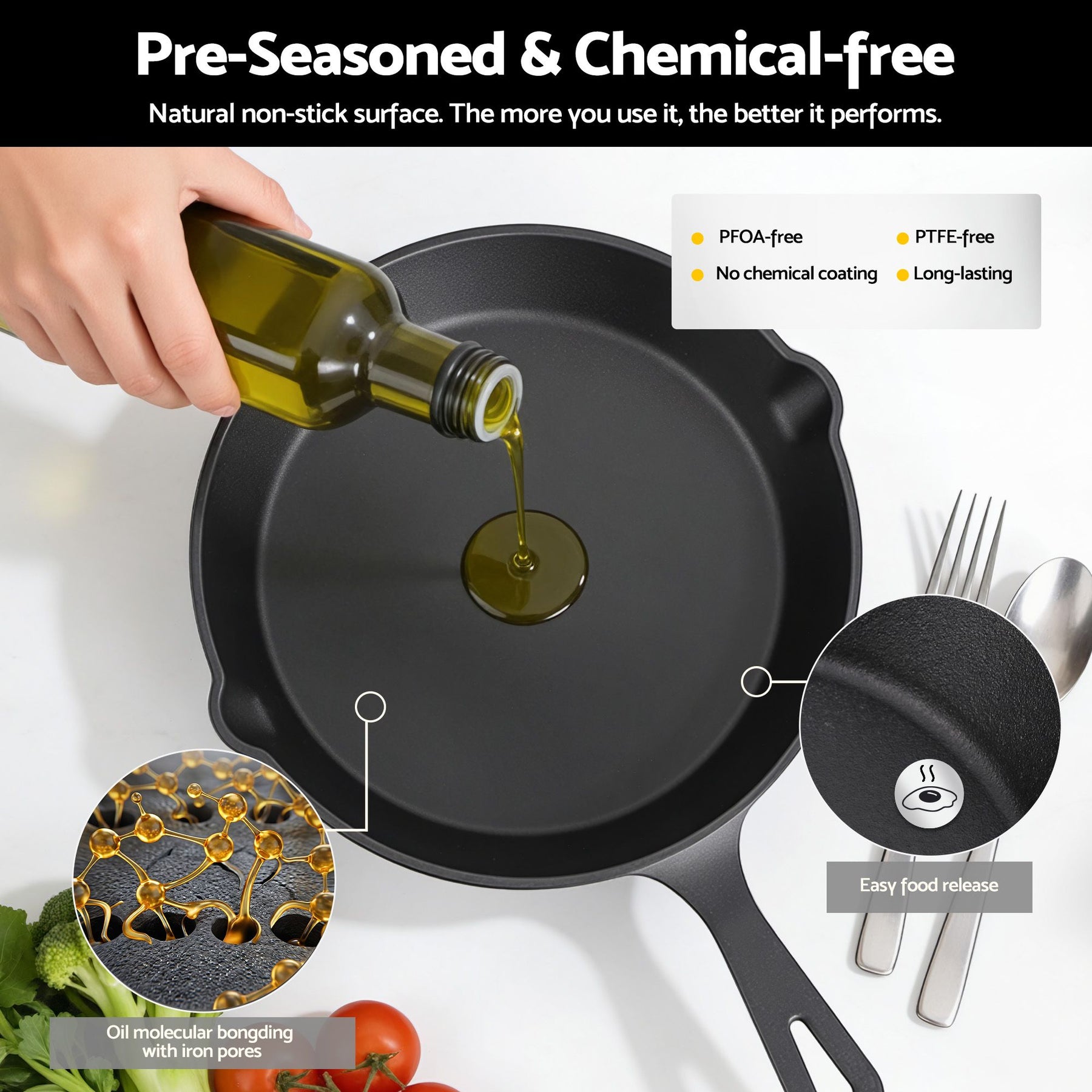 5-Star Chef 4 Piece Cast Iron Fry Pan Skillet Set – Black, Induction & Campfire Safe