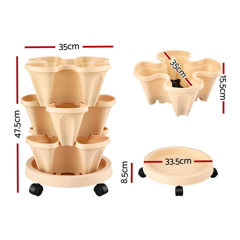 Green Fingers 3 Tier Stackable Vertical Planter – Beige, 15 Plant Capacity with Wheels