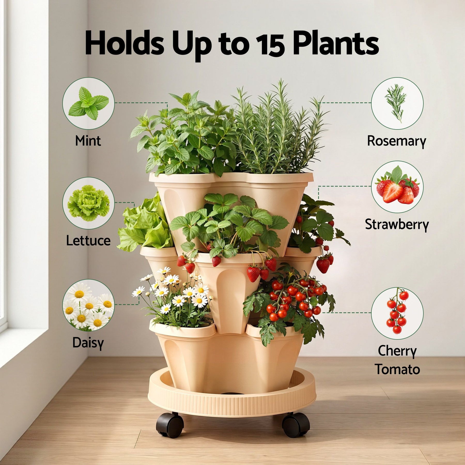 Green Fingers 3 Tier Stackable Vertical Planter – Beige, 15 Plant Capacity with Wheels