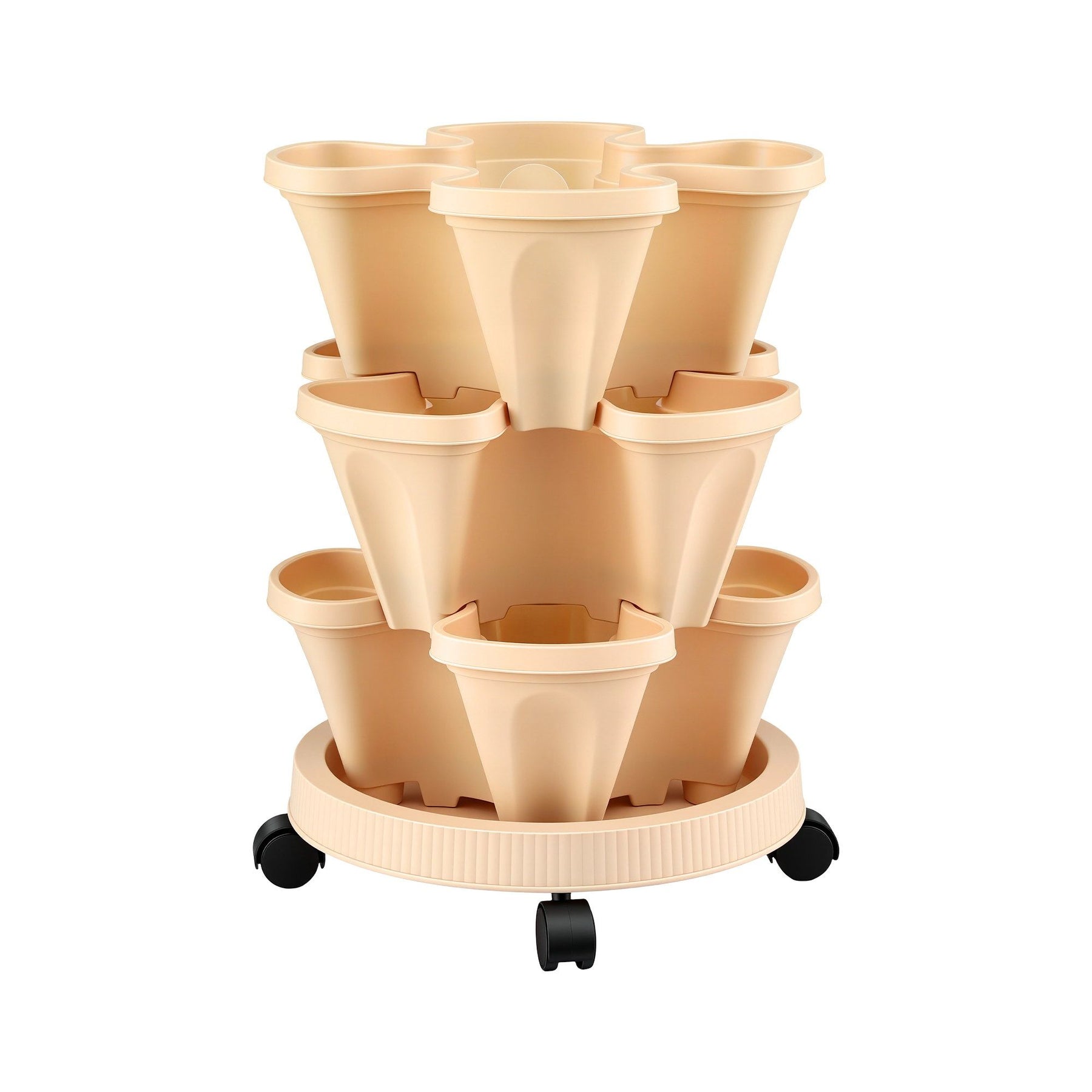 Green Fingers 3 Tier Stackable Vertical Planter – Beige, 15 Plant Capacity with Wheels