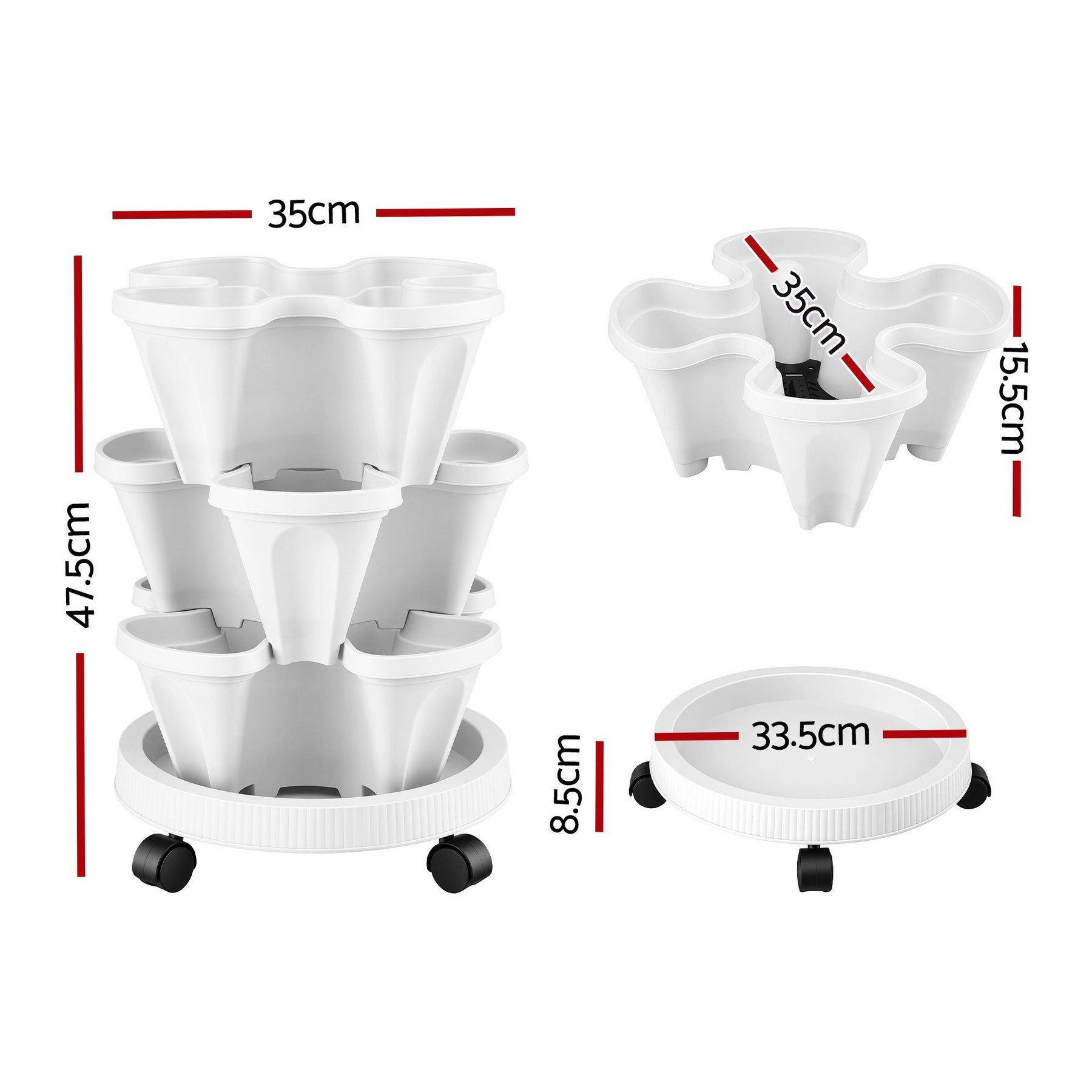 Green Fingers 3 Tier Stackable Vertical Planter – White, 15 Plant Capacity with Wheels
