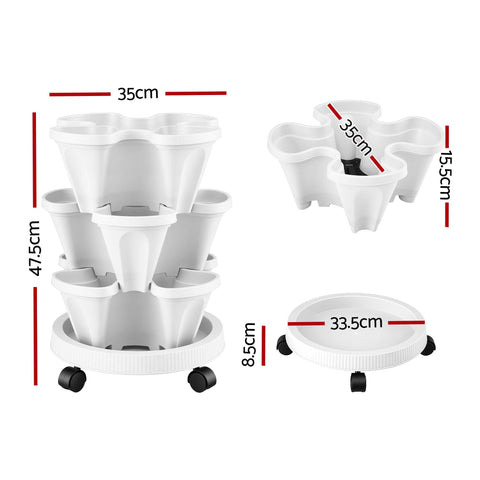 Green Fingers 3 Tier Stackable Vertical Planter – White, 15 Plant Capacity with Wheels