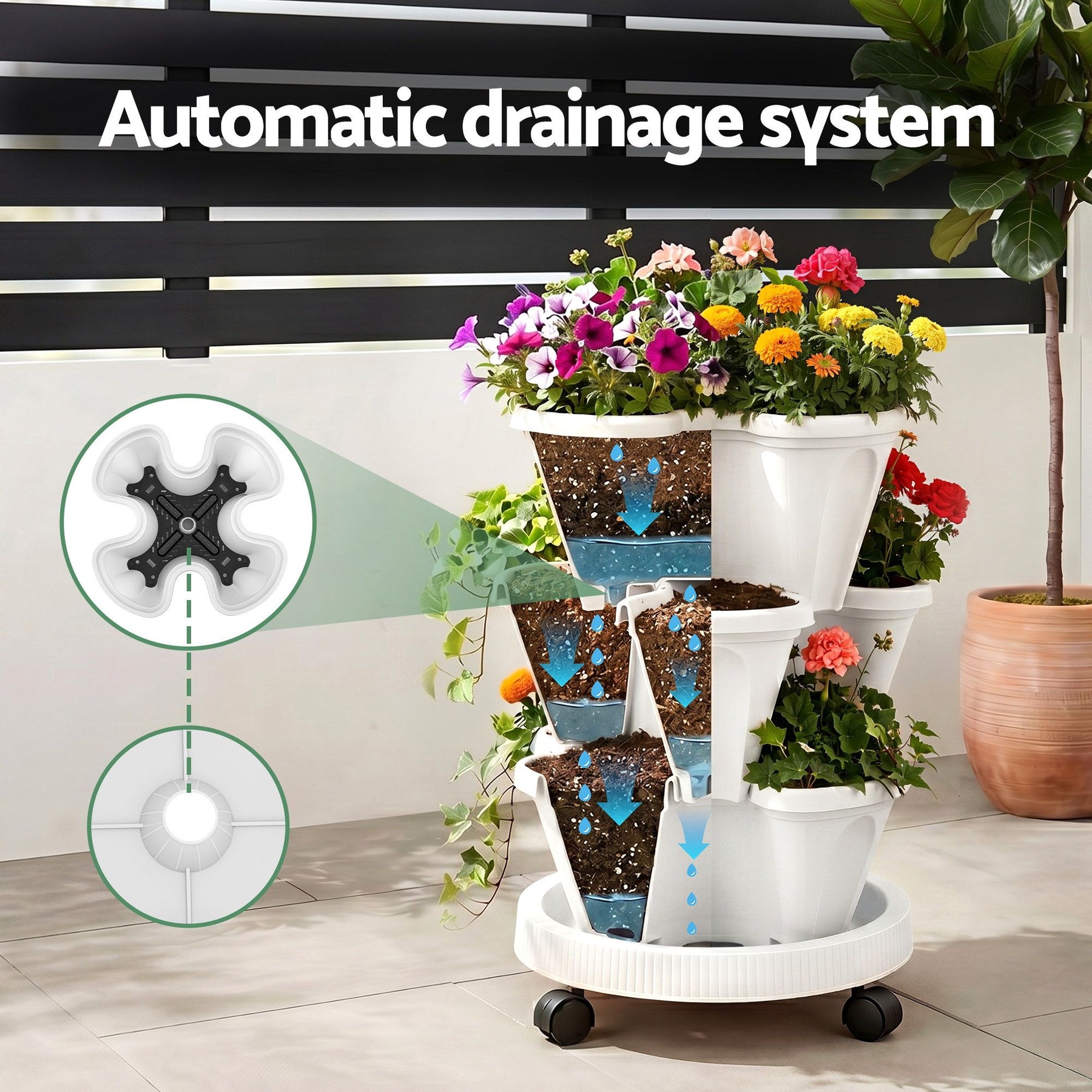 Green Fingers 3 Tier Stackable Vertical Planter – White, 15 Plant Capacity with Wheels