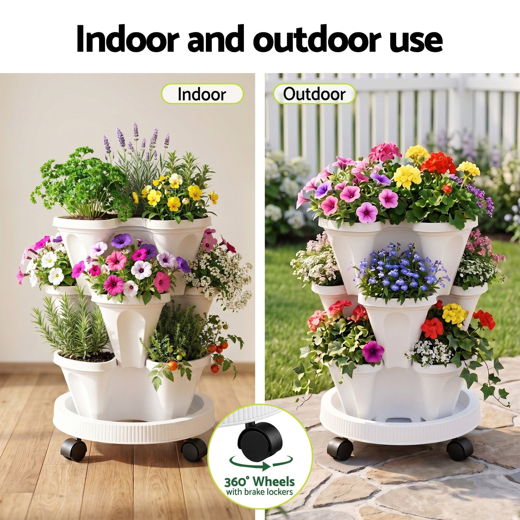 Green Fingers 3 Tier Stackable Vertical Planter – White, 15 Plant Capacity with Wheels