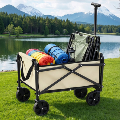Gardeon Folding Garden Cart – Beige with All-Terrain Wheels