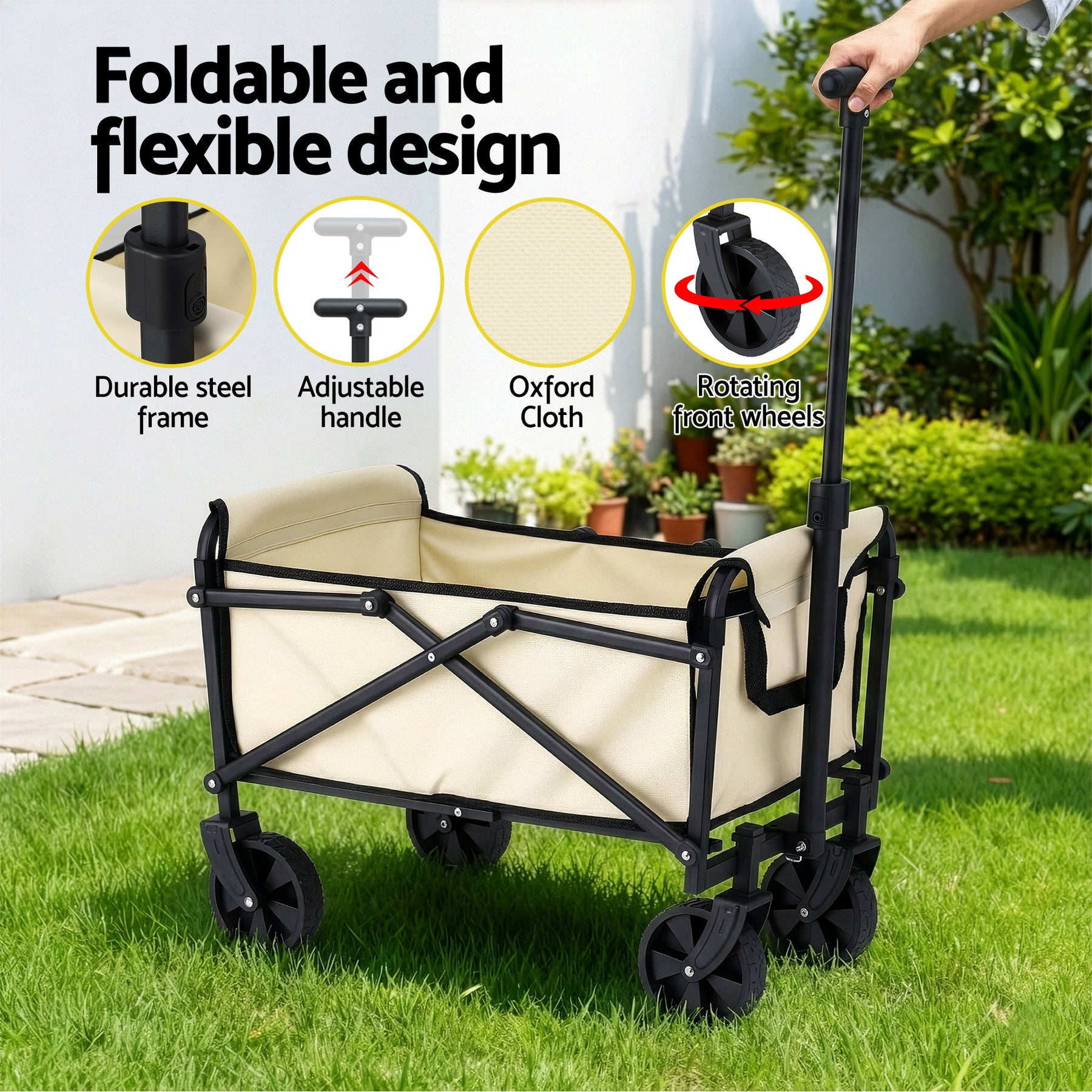 Gardeon Folding Garden Cart – Beige with All-Terrain Wheels