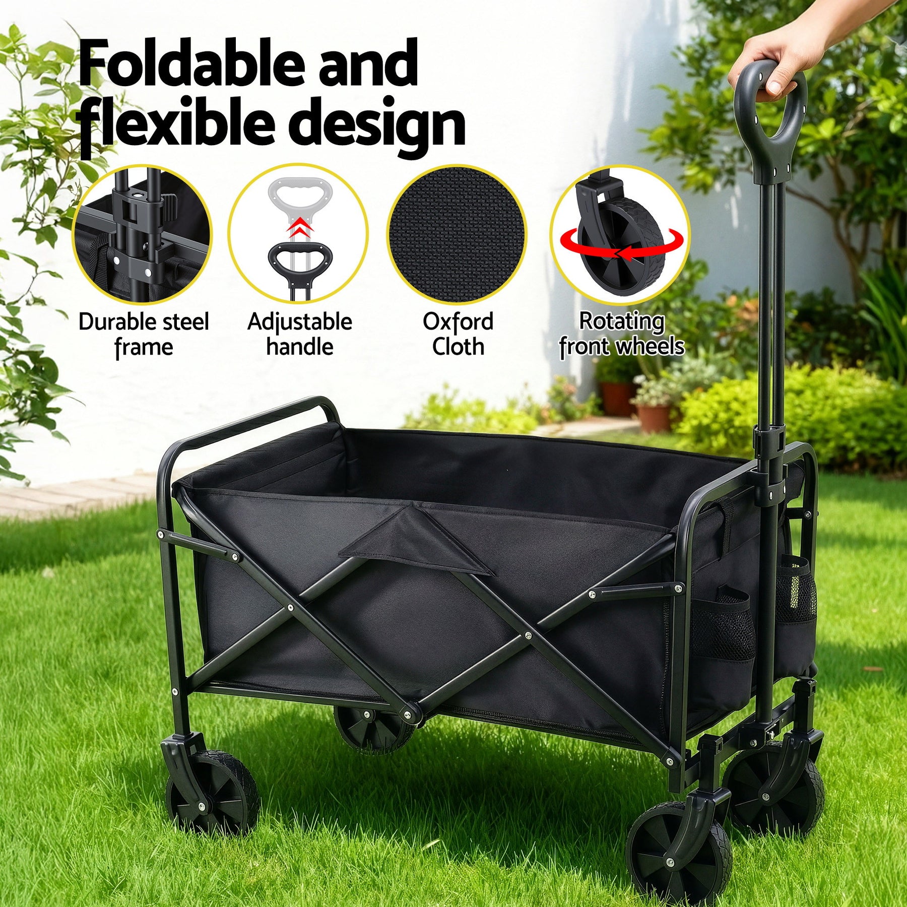 Gardeon Folding Garden Cart – Black with All-Terrain Wheels, 80kg Capacity