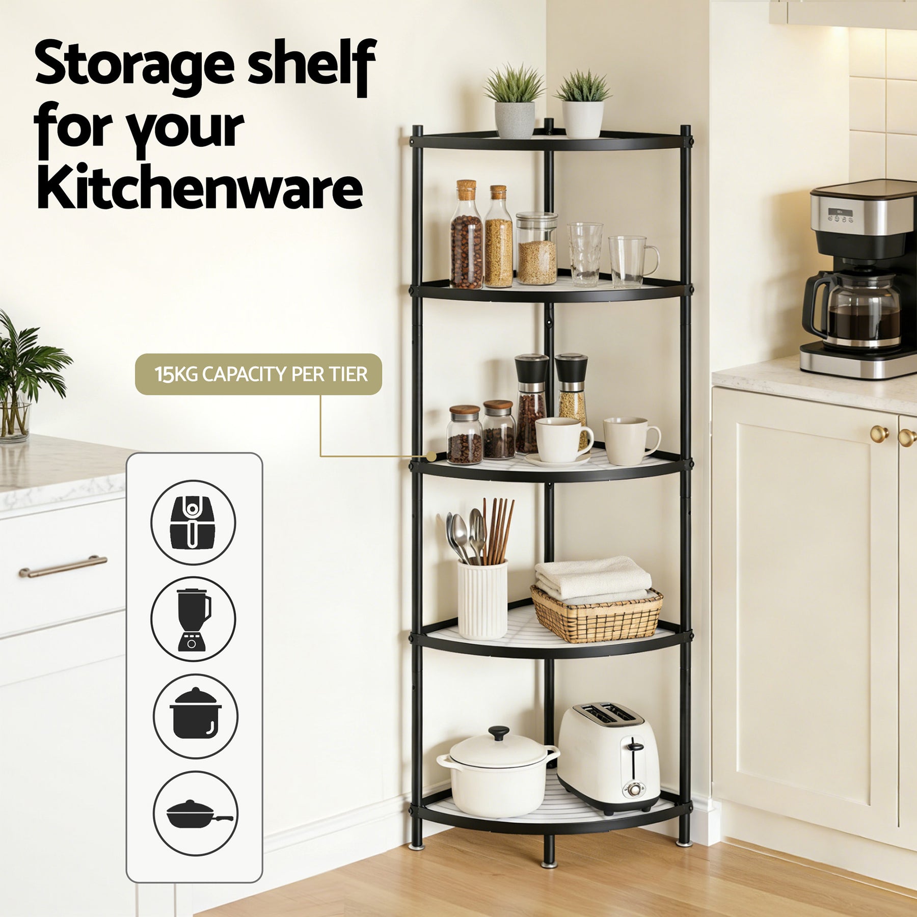 Artiss 5-Tier Metal Kitchen Corner Shelf Rack - Black