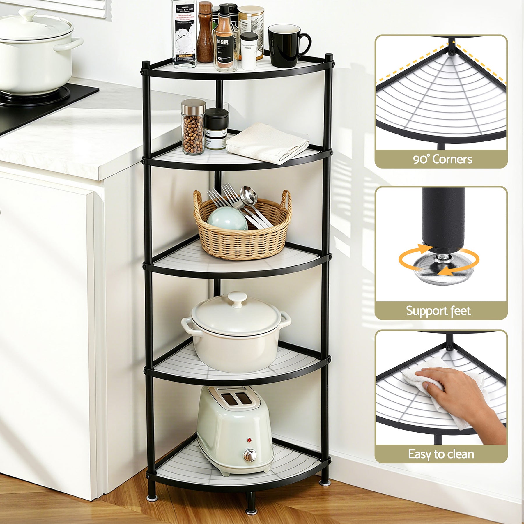 Artiss 5-Tier Metal Kitchen Corner Shelf Rack - Black