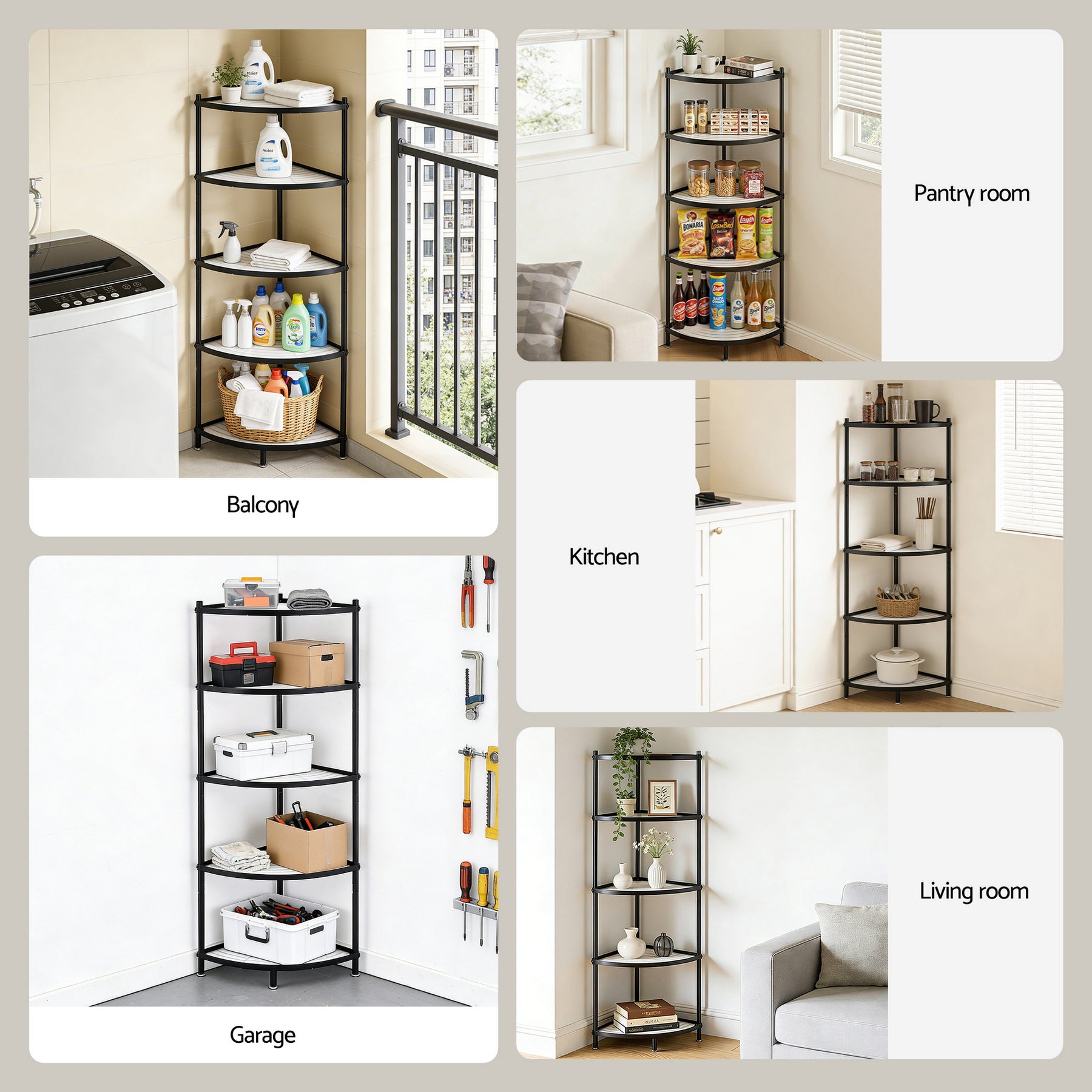 Artiss 5-Tier Metal Kitchen Corner Shelf Rack - Black