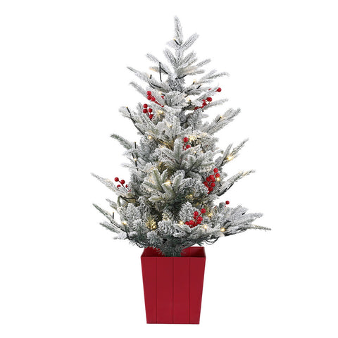 Jingle Jollys Christmas Tree 1M LED Potted Xmas Party Decor Red Barries Flocked - SuperSaverAU - view 1