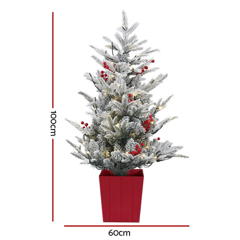Jingle Jollys Christmas Tree 1M LED Potted Xmas Party Decor Red Barries Flocked - SuperSaverAU - view 2