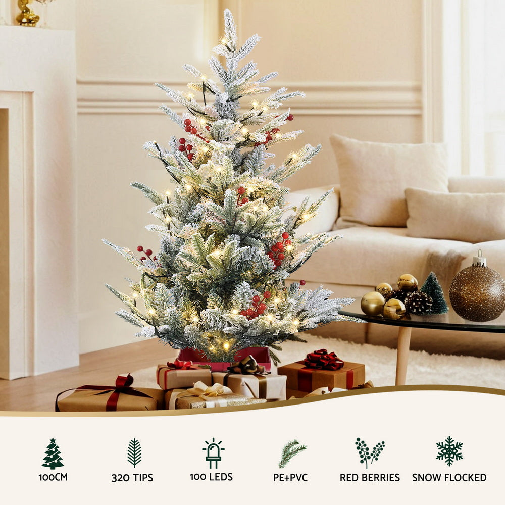 Jingle Jollys Christmas Tree 1M LED Potted Xmas Party Decor Red Barries Flocked - SuperSaverAU - view 4