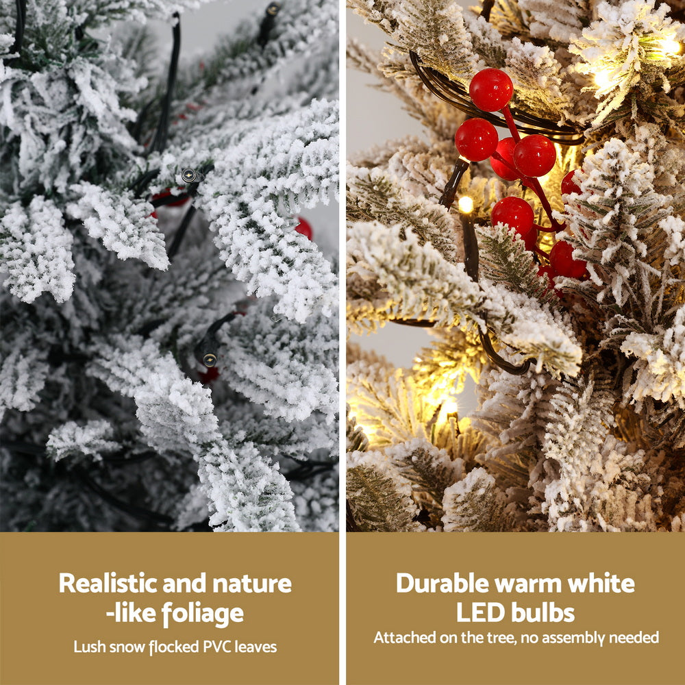 Jingle Jollys Christmas Tree 1M LED Potted Xmas Party Decor Red Barries Flocked - SuperSaverAU - view 5