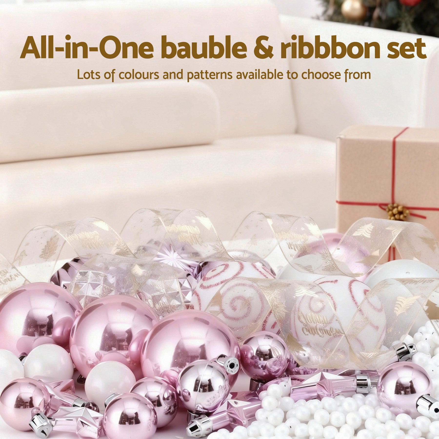 Jingle Jollys 34pcs Christmas Tree Decoration Set with 20M Ribbon & Ornaments - SuperSaverAU - view 4