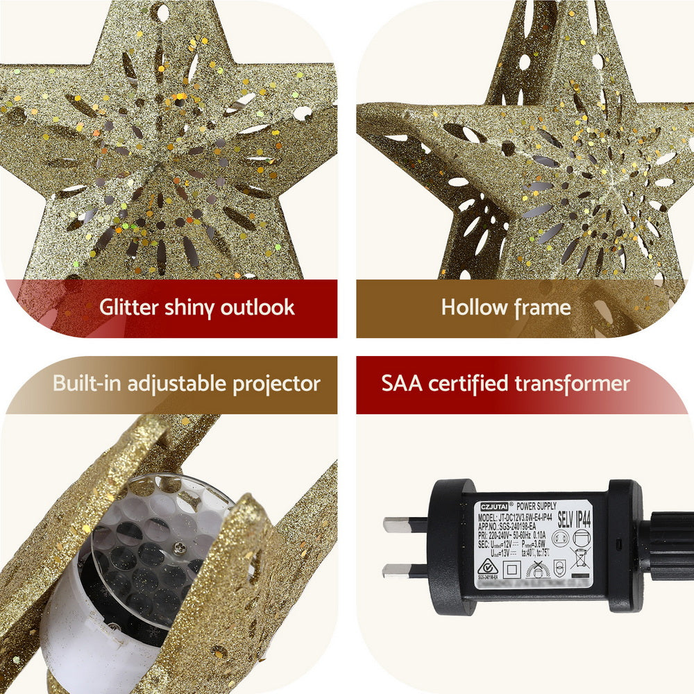Jingle Jollys Christmas Tree Topper Star Snowflake Projector Party Glitter Gold