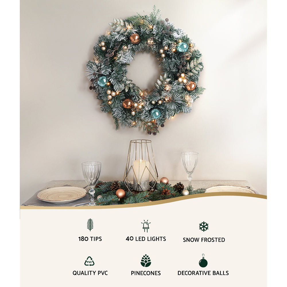 Jingle Jollys 60cm Christmas Wreath with LED Lights Snowy Garland Xmas Decor - SuperSaverAU - view 3