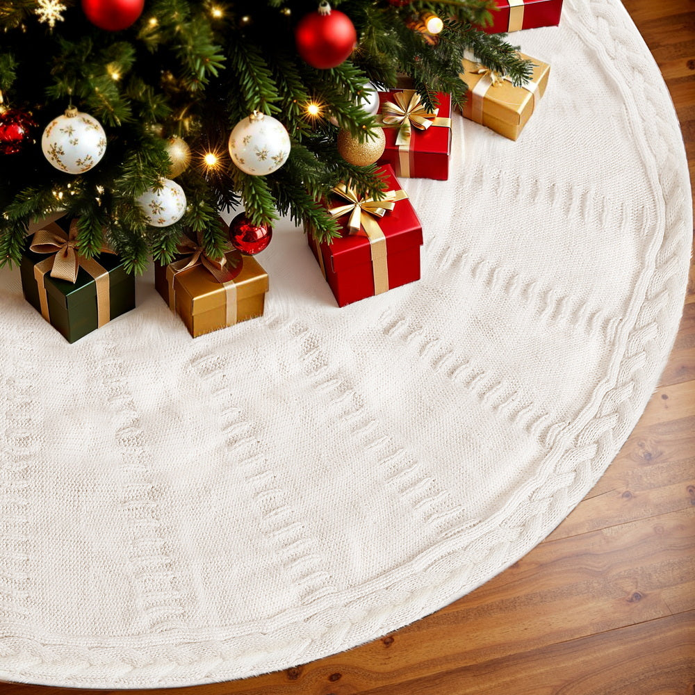 Jingle Jollys Christmas Tree Skirt 120cm Knitted Xmas Tree Ornaments Decor Beige - SuperSaverAU - view 4