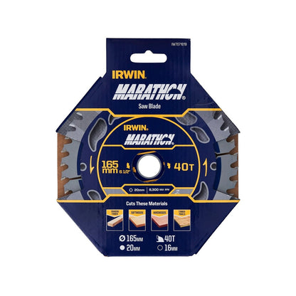 Irwin 165mm 40t Marathon Circular Saw Blade - Tungsten Carbide - Durable