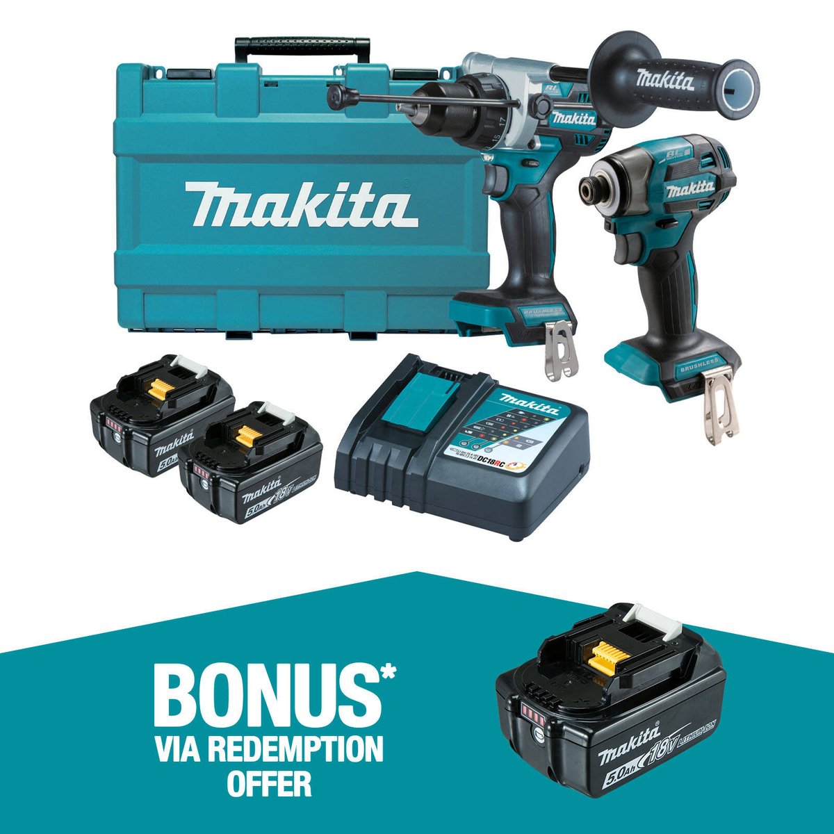 Makita 18V 2 Piece Combo Kit DLX2516T - Hammer Drill & Impact Driver - 2 x 5.0Ah Batteries - Carry Case - 500mm x 370mm x 140mm - SuperSaverAU - view 1