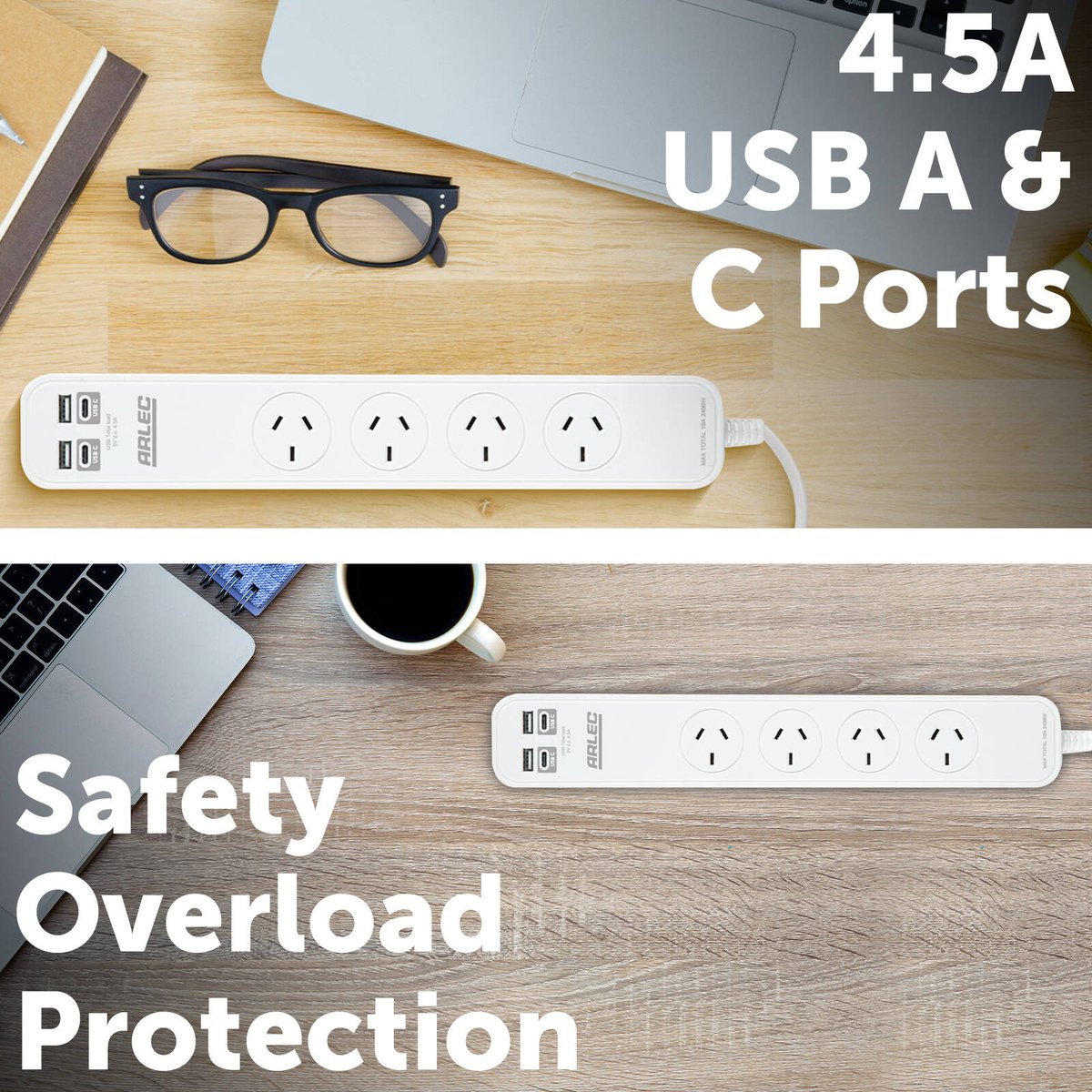 Arlec 4 Outlet Powerboard with USB 2A & 2C Charging Ports - 0.9m - White - Overload Protection - SuperSaverAU - view 2