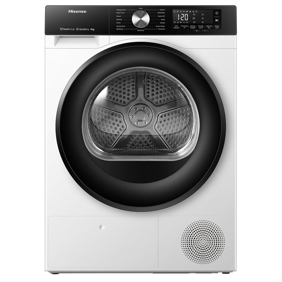 Hisense 8kg Heat Pump Dryer - White, 8 Star Energy Rating, 16 Programs, Dial Controls - HDFS80HS