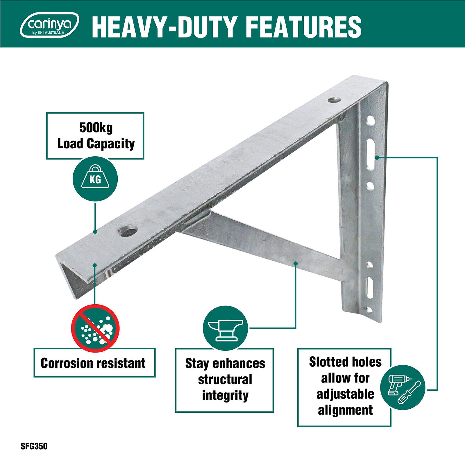 Carinya 350 x 350mm Galvanised Heavy Duty Brace Stay Bracket, 500kg Capacity, Indoor/Outdoor