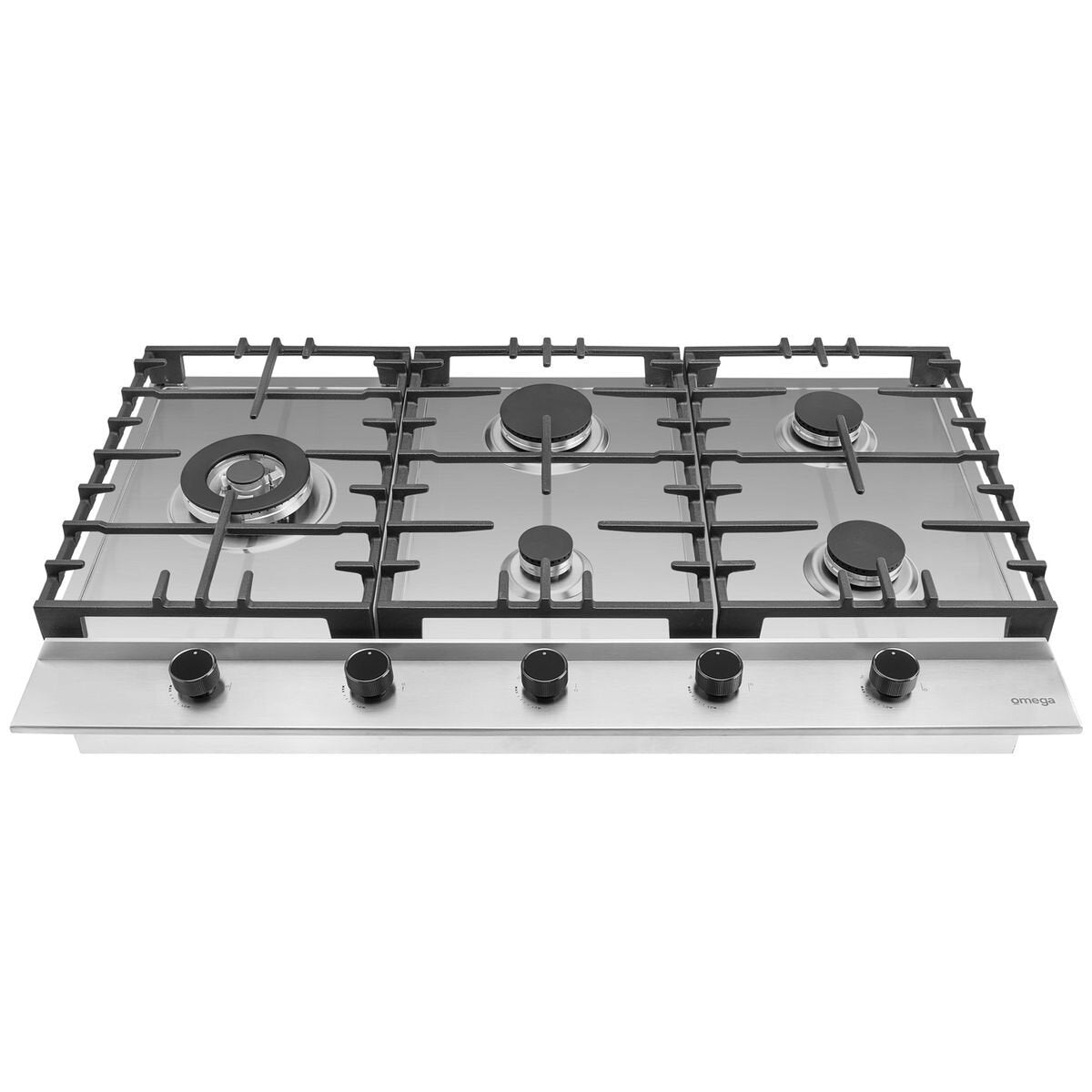 Omega 90cm Natural Gas Cooktop - Stainless Steel, Five Burners, Triple Ring Wok Burner - OCG905WX