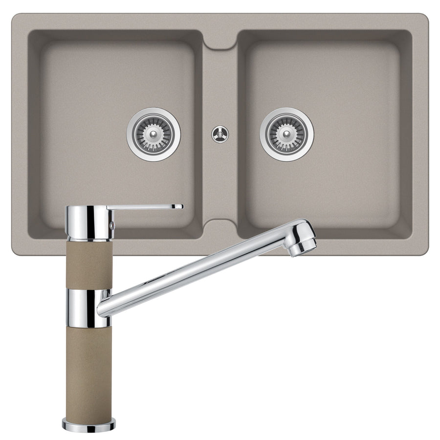 Abey Cristalite Plus double bowl sink pack with kitchen mixer - top or undermount - Concrete - TN200TC