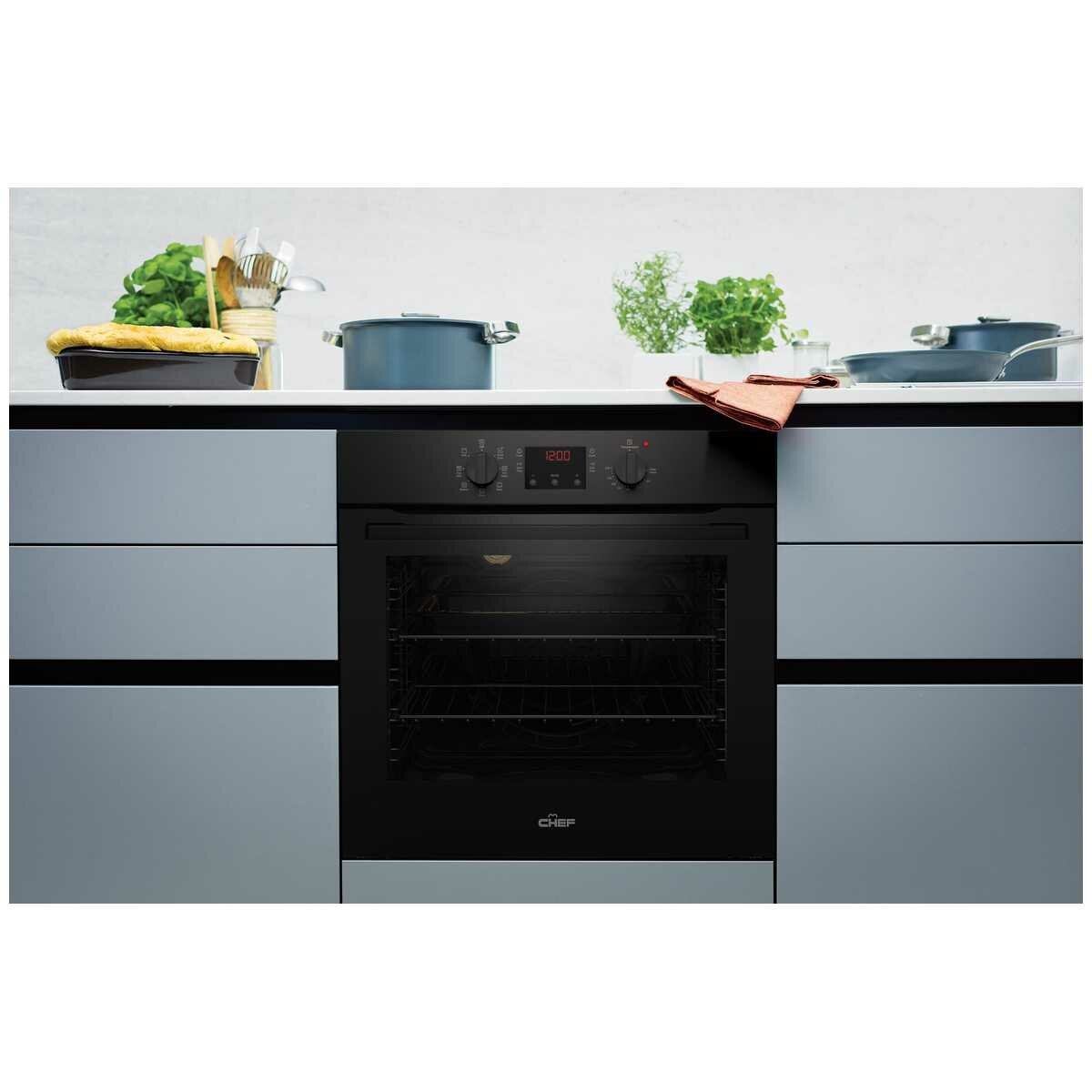 Chef 60cm Electric Multi Function Built-In Oven - 80L, Quick Cook, 7 Functions, Black - CVE614DB