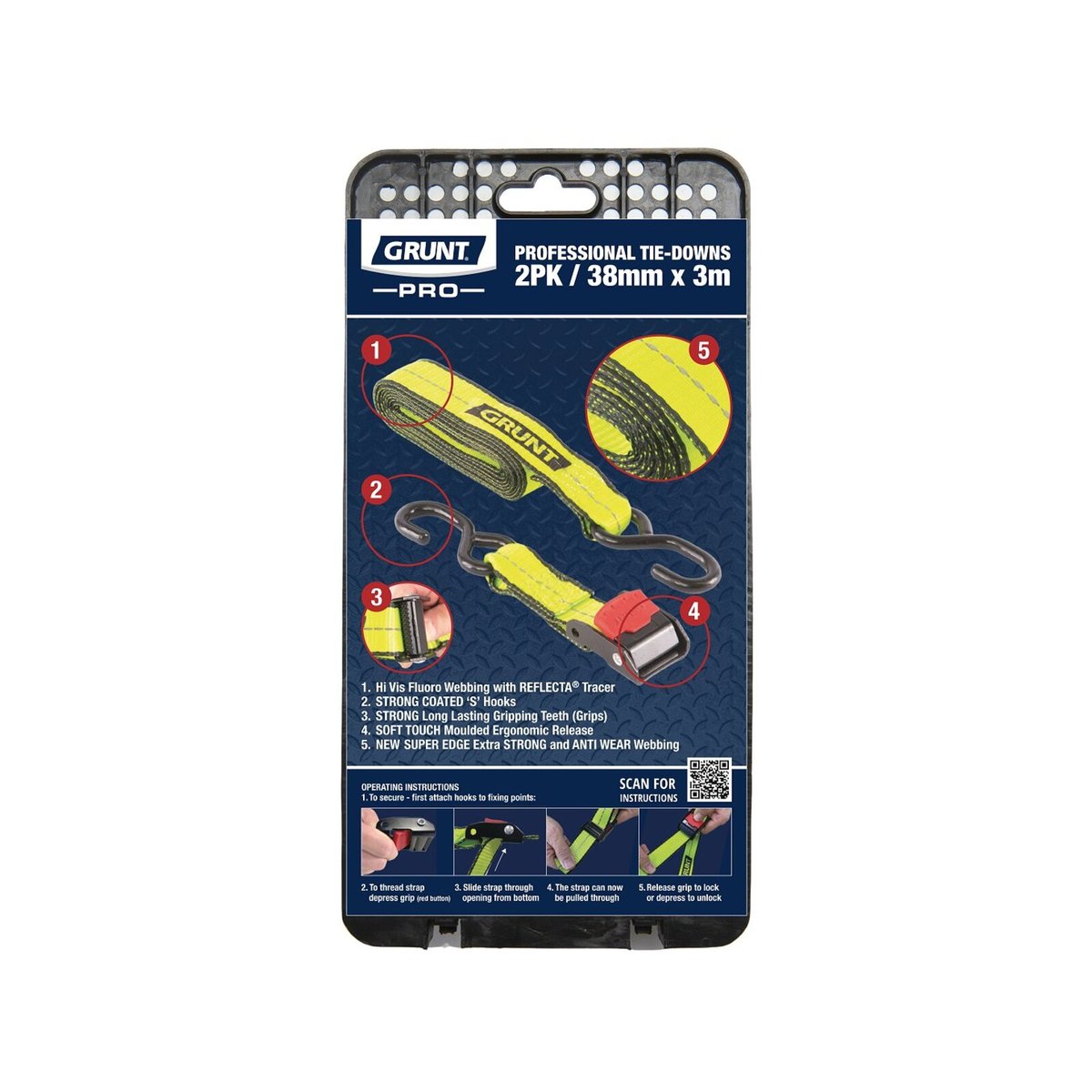 Grunt Pro Cam Buckle Tie Downs - 38mm x 3m - Reflective - 340kg - SuperSaverAU - view 2