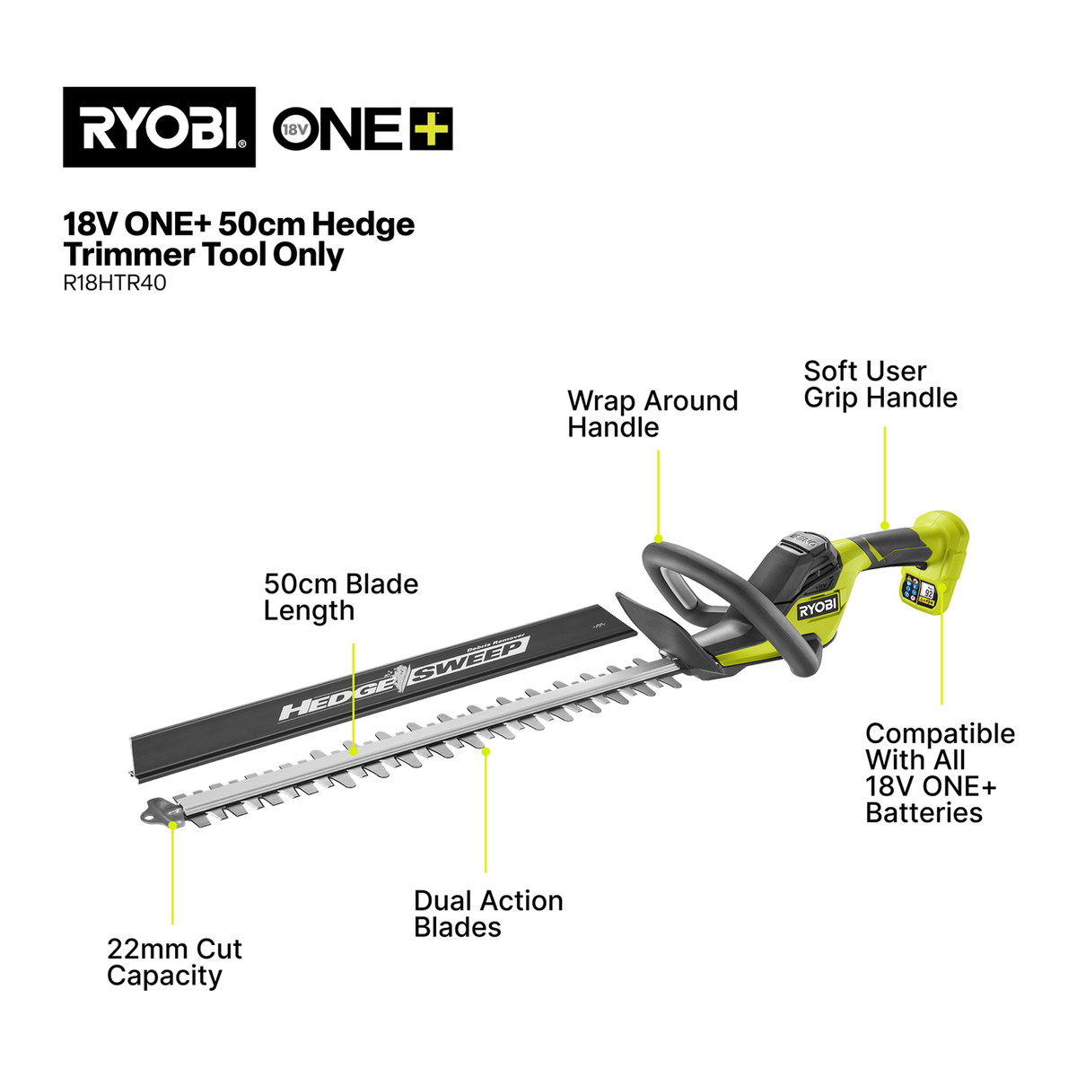 Ryobi 18V ONE+ Hedge Trimmer - 50cm - Tool Only - Clean Cuts - 22mm Capacity - SuperSaverAU - view 2