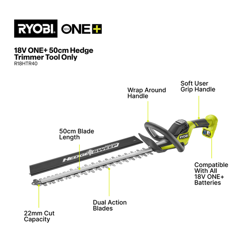 Ryobi 18V ONE+ 50cm Hedge Trimmer - Tool Only R18HTR40