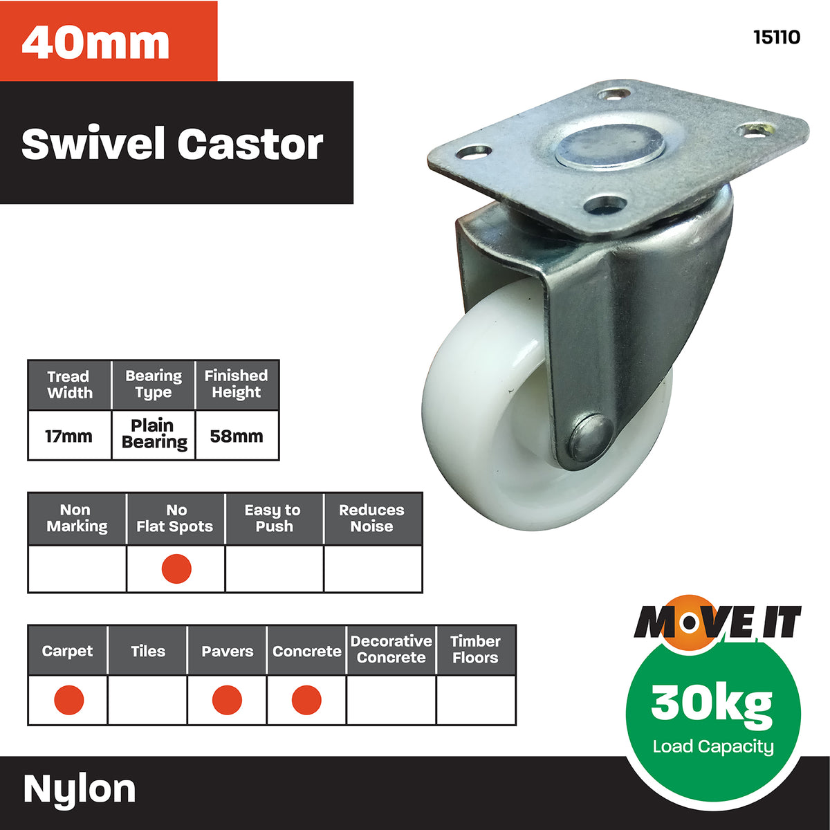 Move It 40mm White Plastic Heavy Duty Swivel Castor 30kg