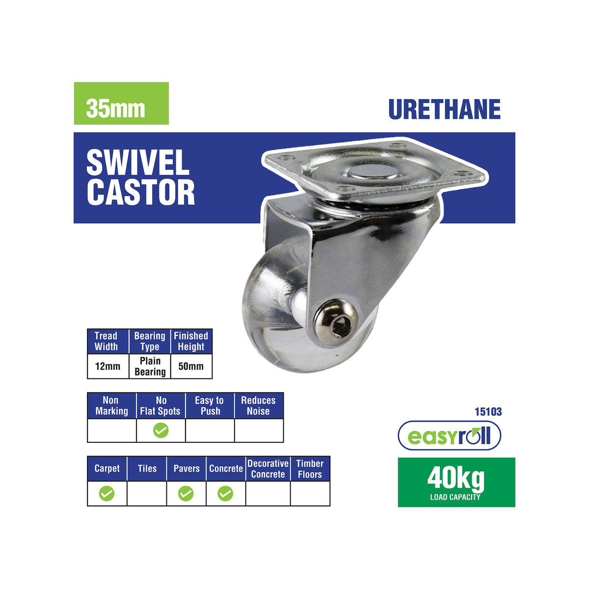 Easyroll 35mm 40kg Transparent Polyurethane Swivel Castor 2 Pack Indoor