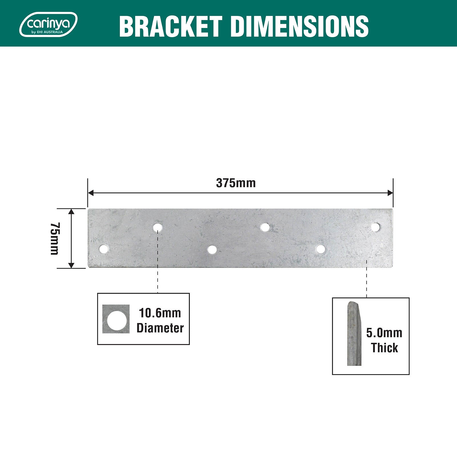 Carinya 375 x 75 x 5mm Galvanised Steel Mending Plate Bracket