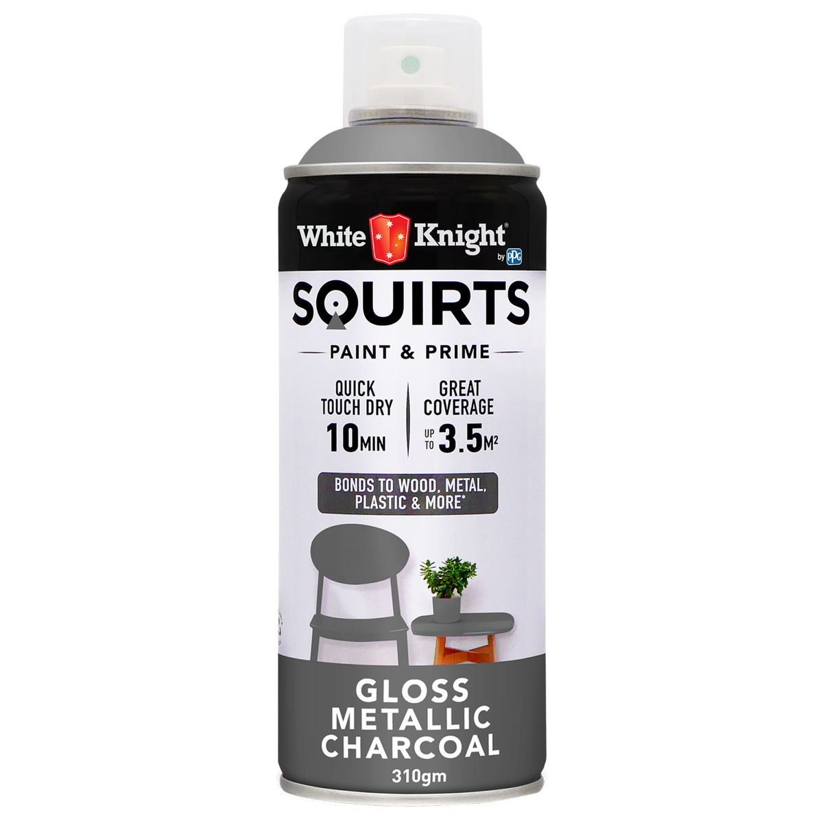 White Knight Squirts Metallic Charcoal Gloss Spray Paint 310g Durable Finish - SuperSaverAU - view 1