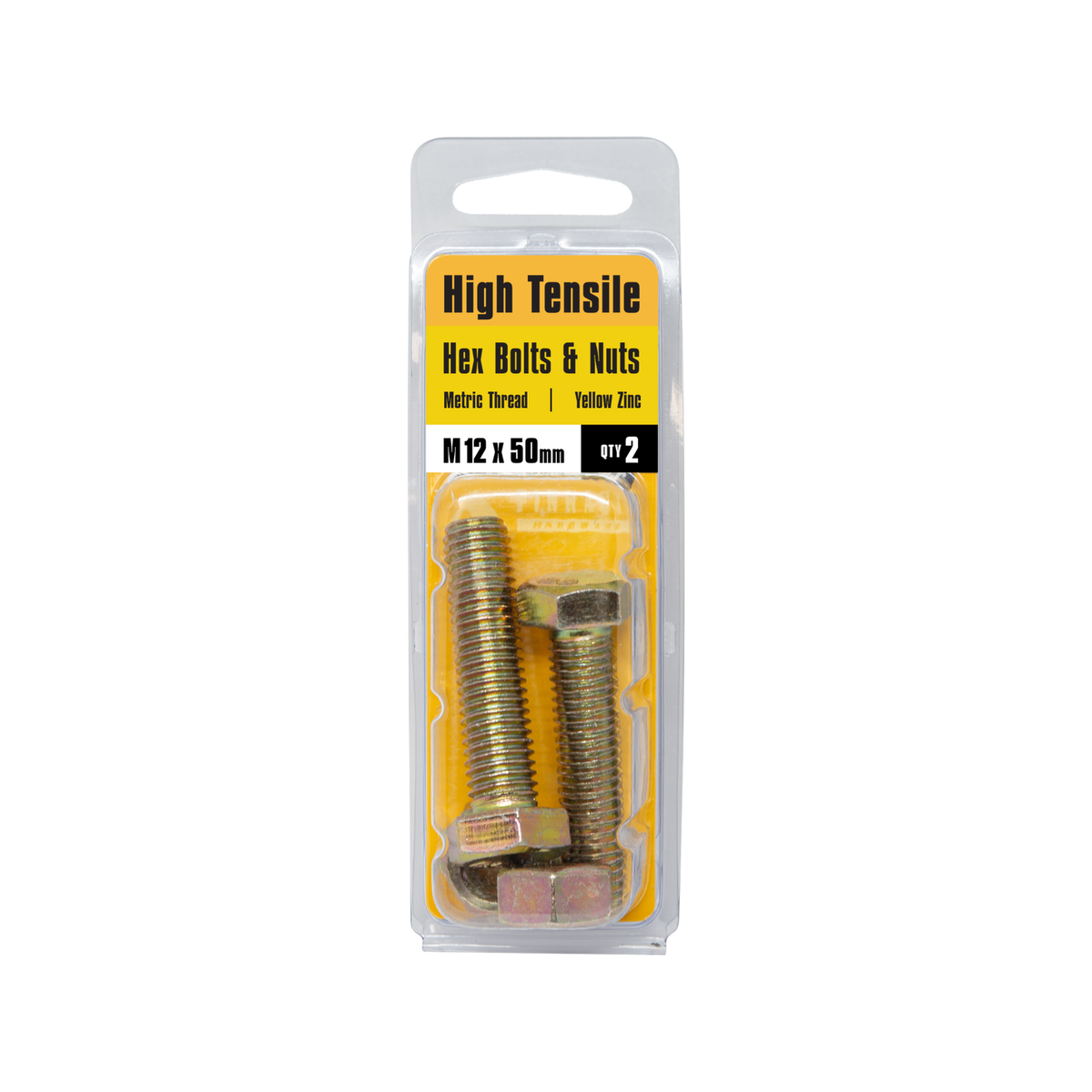 Pinnacle M12 x 50mm Hi-Tensile Hex Bolt and Nut - Yellow Zinc, 2 Pack