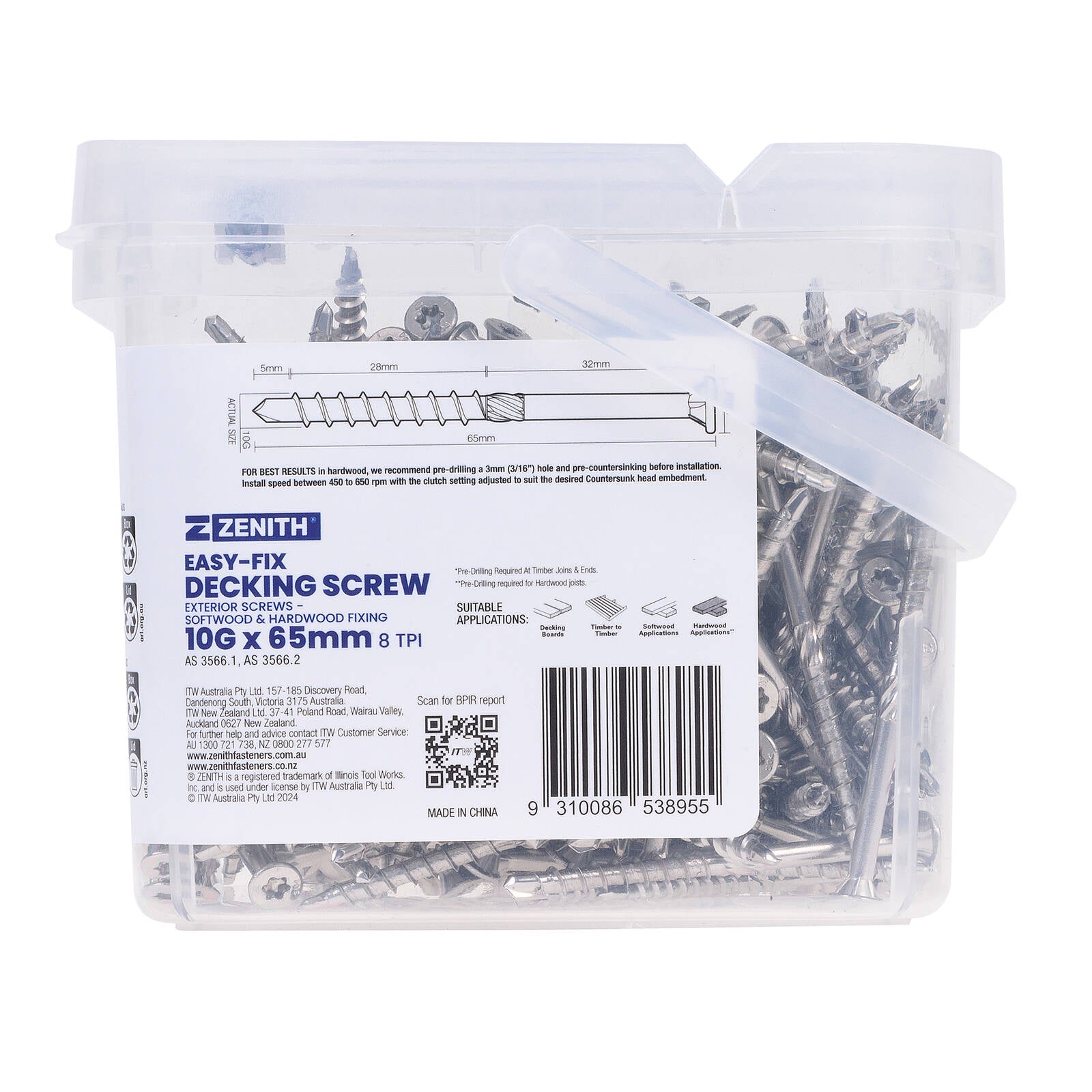Zenith Easy-Fix Decking Screw T20 10G x 65mm SS304 Stainless, 250 Pack