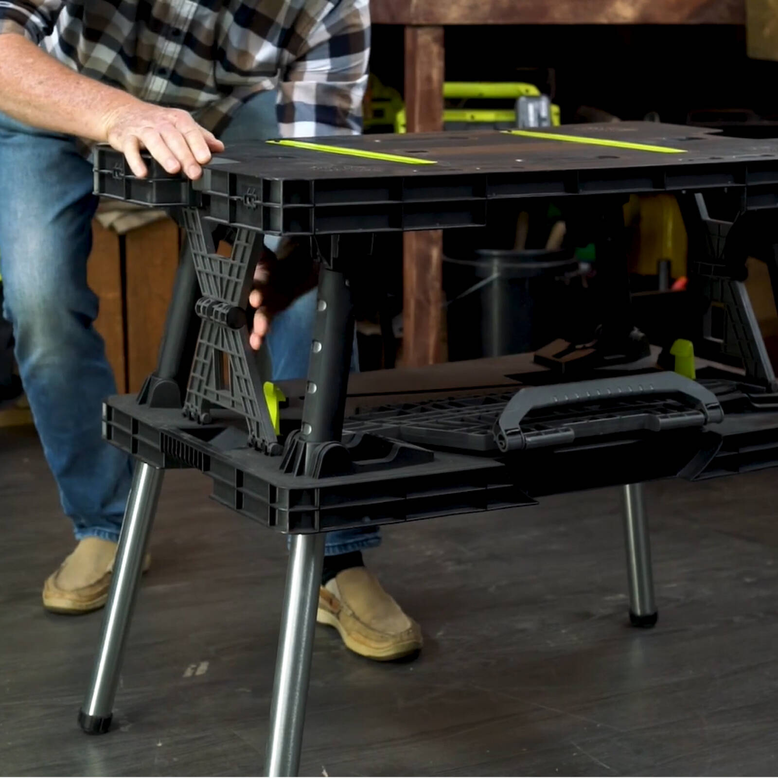 Ryobi Folding Work Table with Two Clamps, 850 x 550mm Plastic Surface