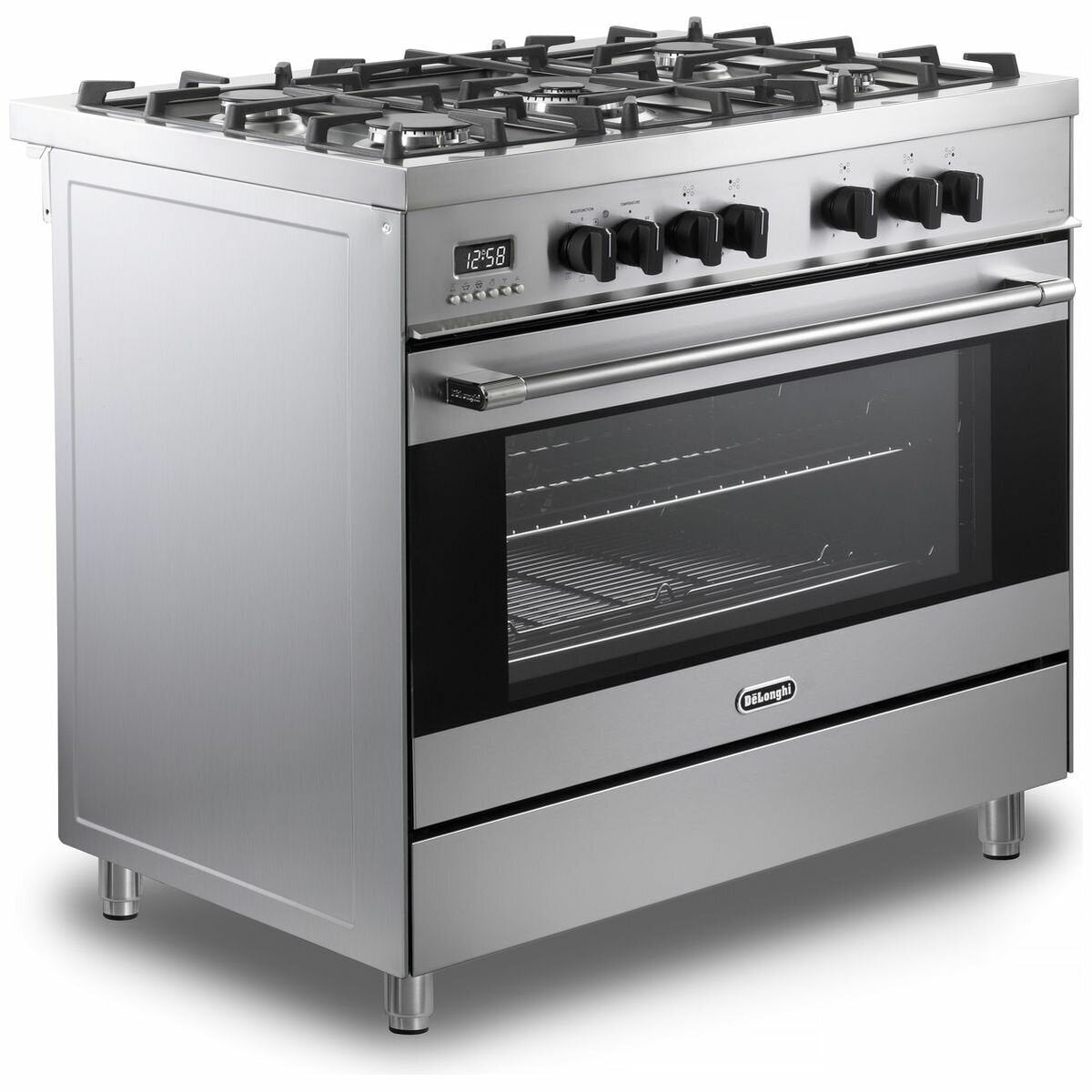 DeLonghi 90cm Dual Fuel Freestanding Oven - 130L Oven, 5 Gas Burners with Wok Burner - DEF908S